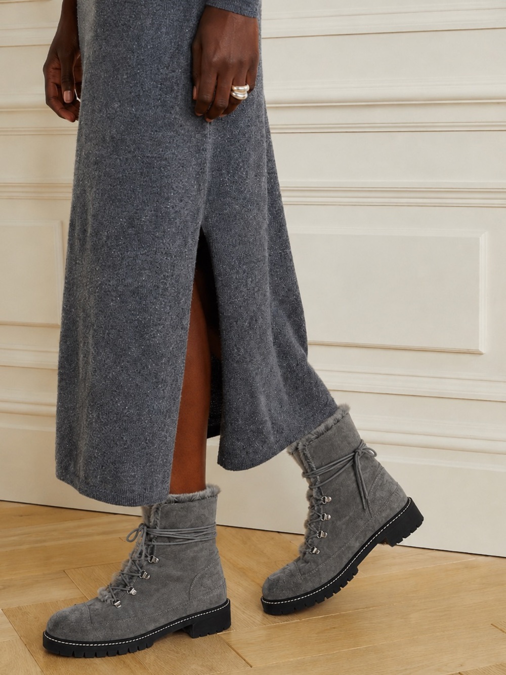 Stuart Weitzman Bobsled Luge Faux Fur Suede Hiking Boots Fog Gray Foldover 9.5